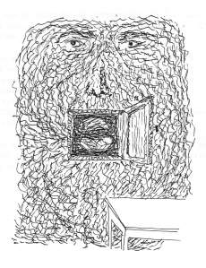 D'après un dessin de Magritte, Mur, masque et maison