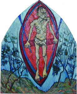 Tableau d'un homme sur une barque, au corps décharné comme après un temps de souffrance, nu, avec un simple périzonium. Ses mains, sur les rames, sont proches du corps, évoquant les descentes de croix. L’homme passe d’une rive à l’autre, comme dans le mythe ancien du Styx. La mer et le ciel se confondent. La barque a les contours d’une mandorle, le cadre traditionnel de la représentation du Christ en gloire.